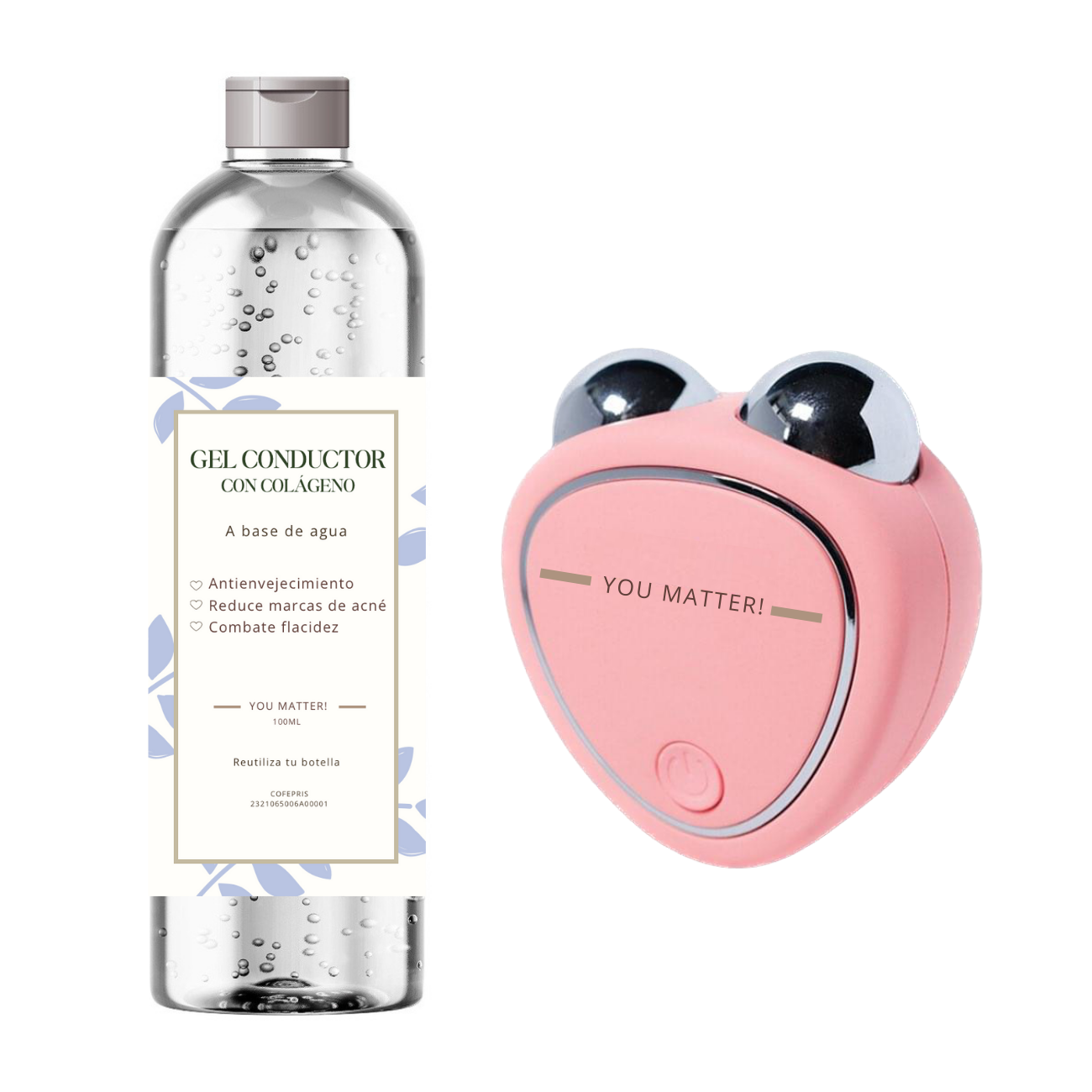 Dispositivo de rejuvenecimiento facial rosa con gel conductor de colágeno, instructivo y cable USB