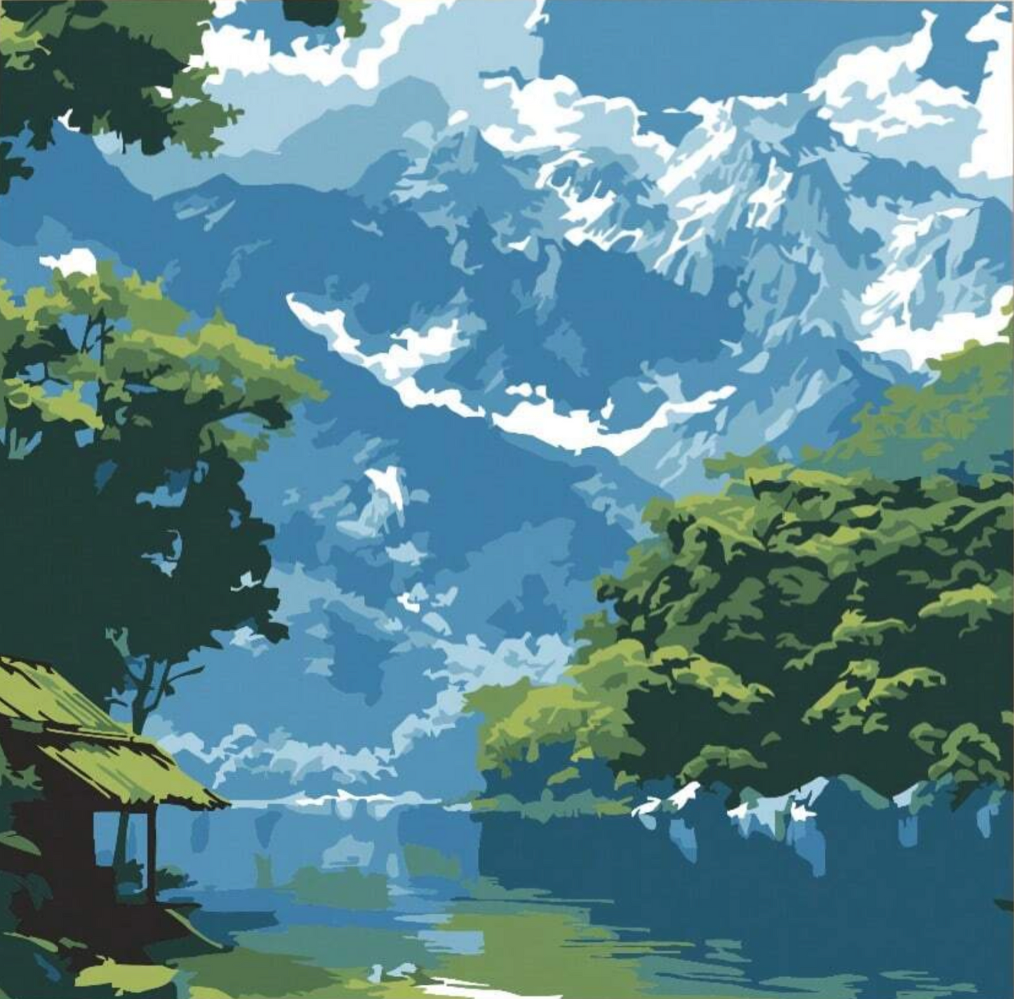 Pintura Alpes Nevados con montañas cubiertas de nieve y un paisaje sereno