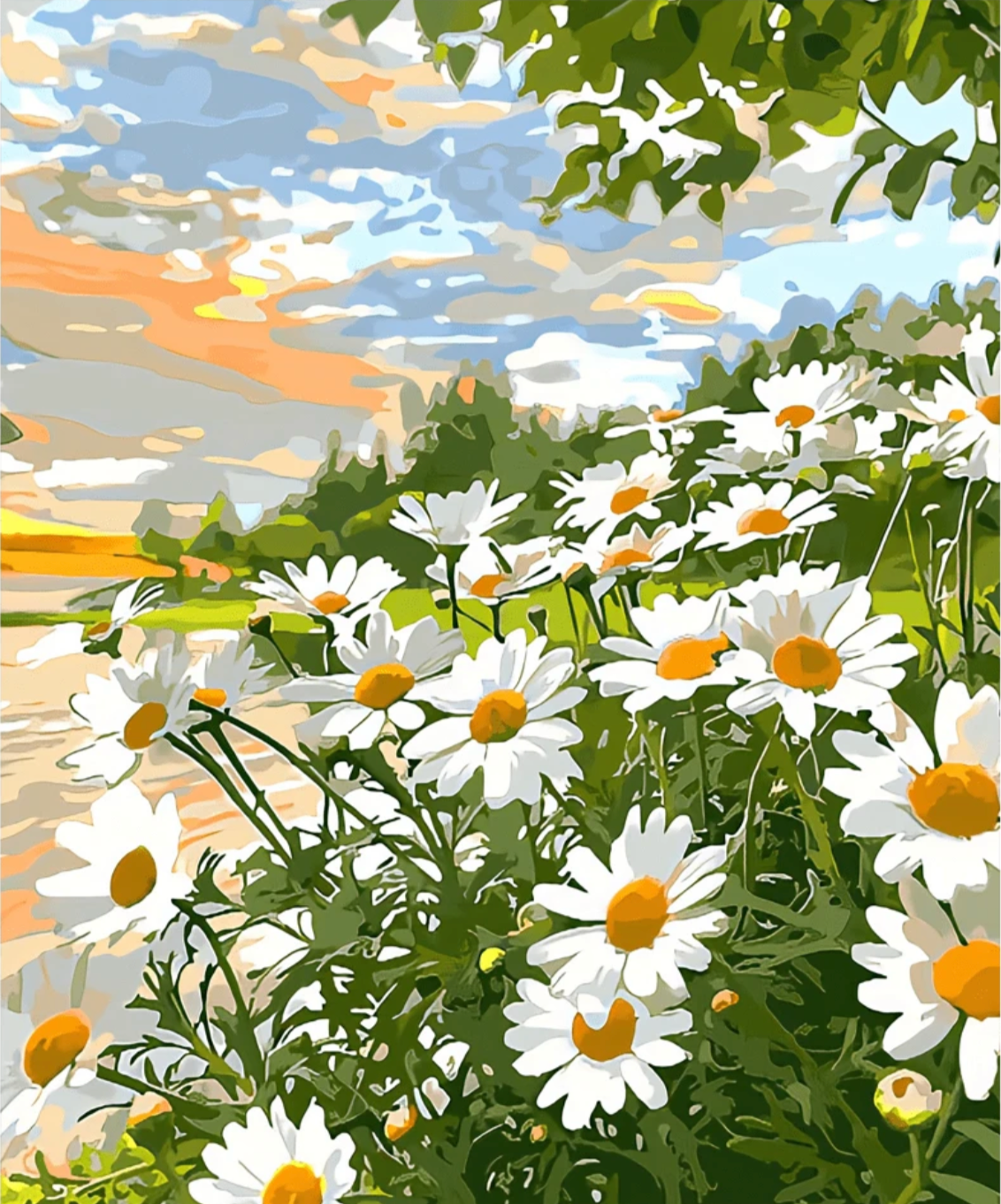 Pintura Campo Margaritas con un vasto campo lleno de margaritas blancas y amarillas