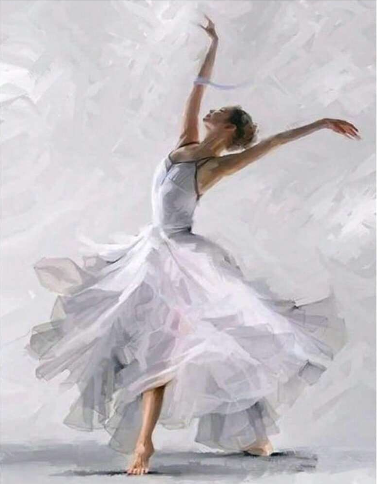 Pintura Lago de los Cisnes con una bailarina vestida de blanco danzando ballet