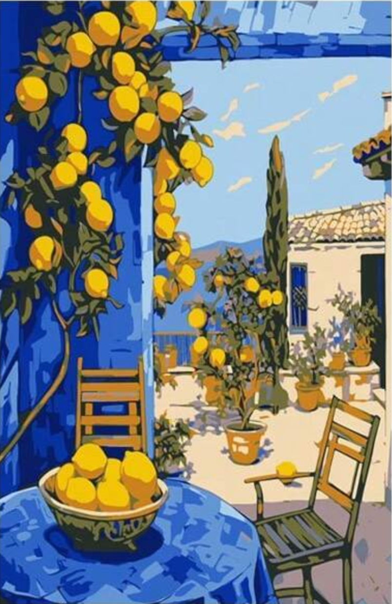 Pintura Limonada Azul con un marco de ventana azul rodeado de limones y vista al exterior
