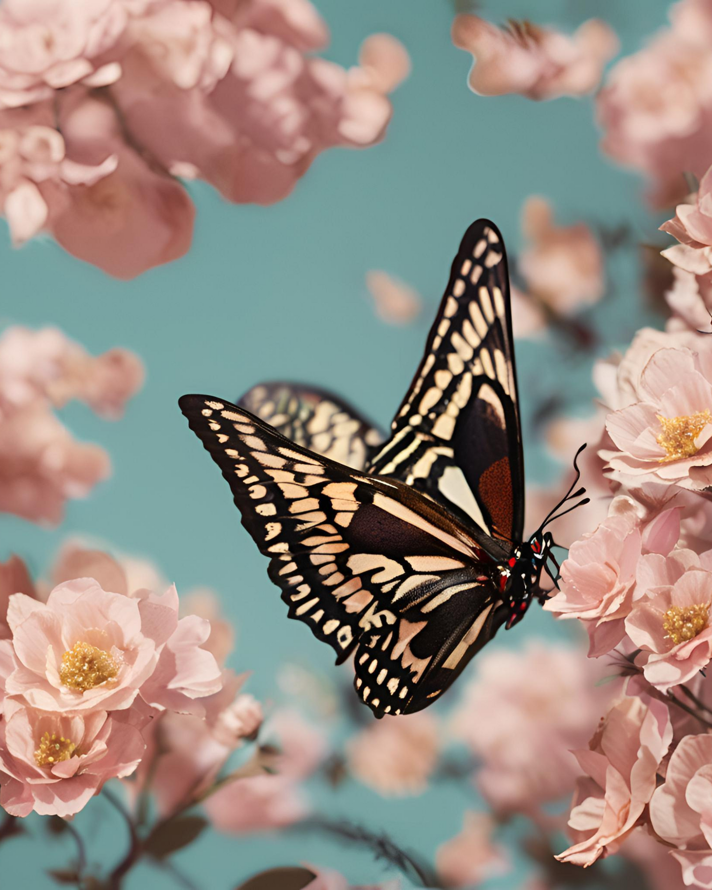 Pintura Mariposa en Libertad con mariposa rosa posada sobre una rama