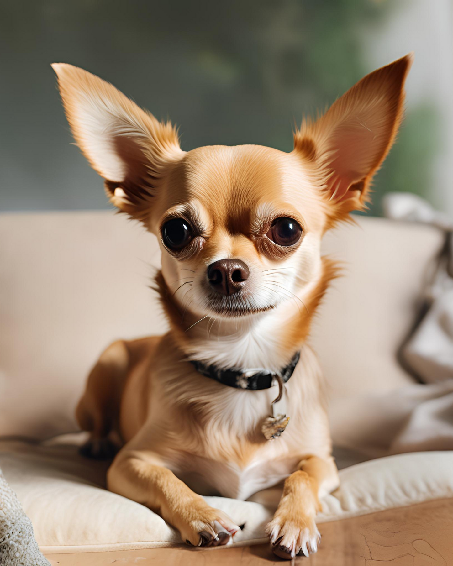 Pintura Mi Perro Chihuahua Beige con un chihuahua recostado sobre un sill—n beige en la sala de una casa
