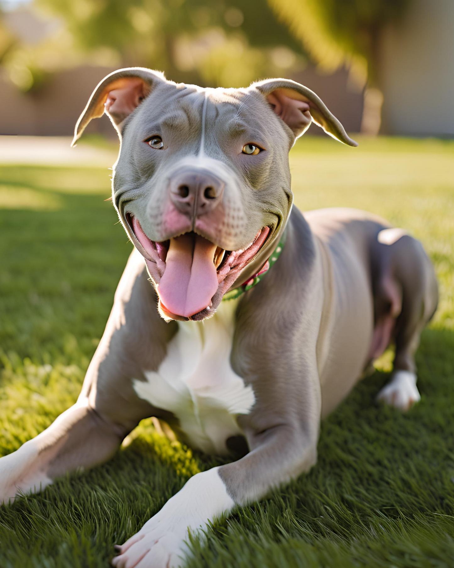Pintura Perro Pitbull Feliz con pitbull gris acostado sobre el pasto, sacando la lengua en un jard’n soleado