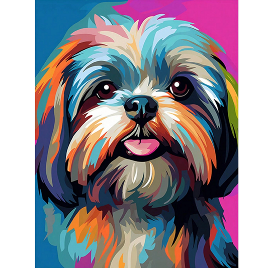 Pintura Perro Shih Tzu Colorido con mirada frontal en tonos vibrantes y alegres