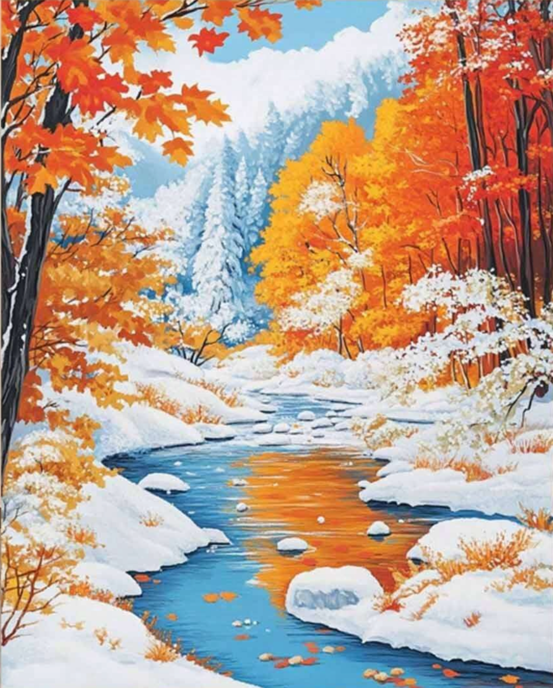 Pintura de paisaje otoñal nevado con árboles y hojas caídas