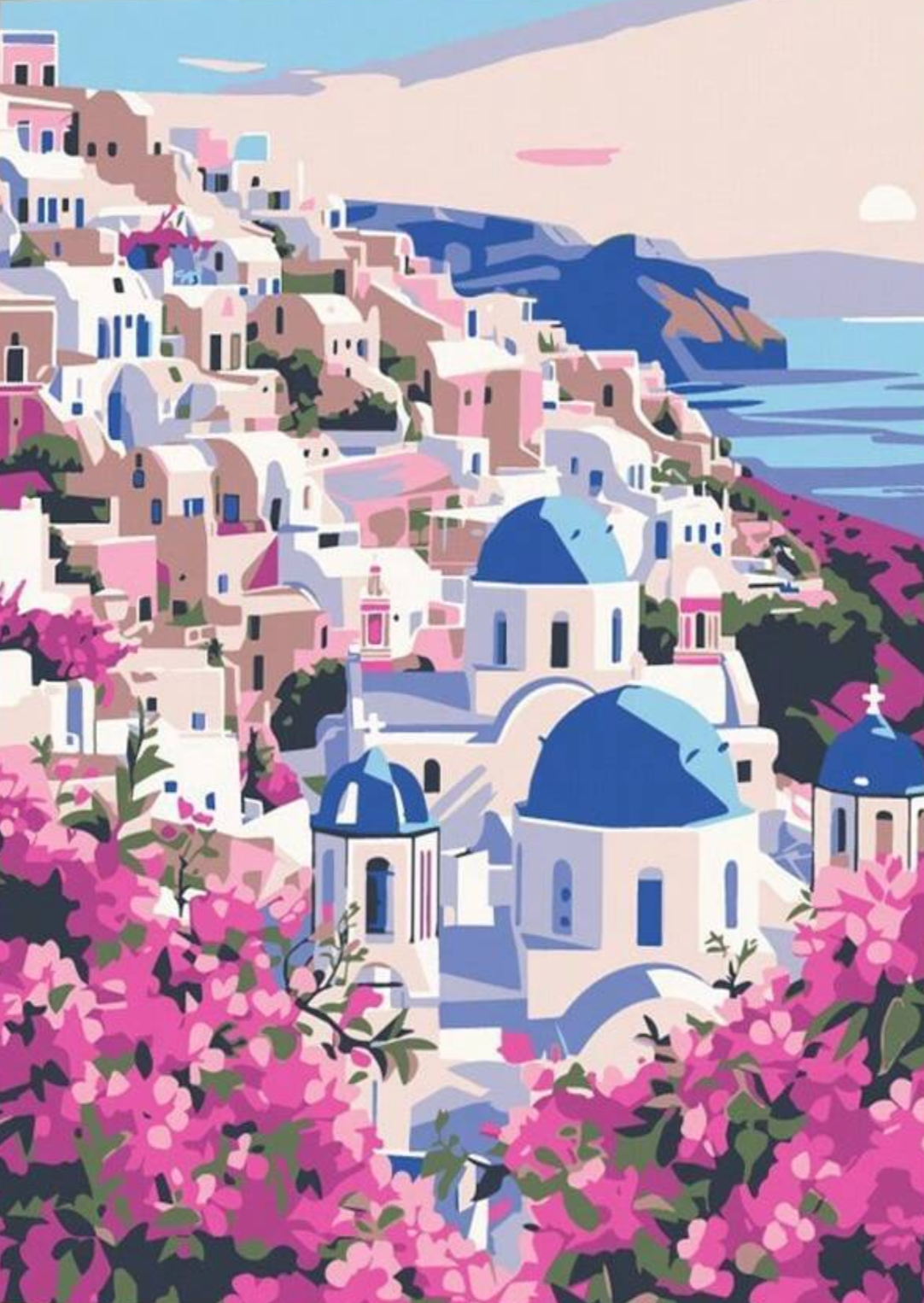 Pintura de Santorini con casas blancas y cúpulas azules frente al mar Egeo
