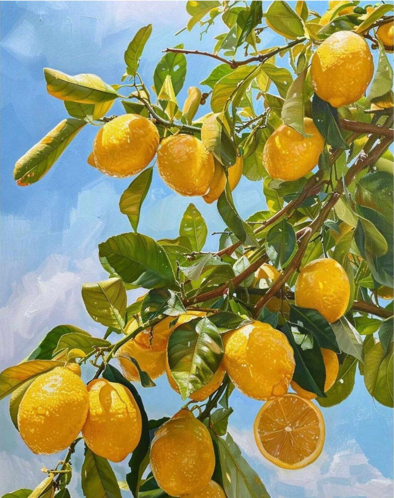 Pintura çrbol de Limones con rama de limones vista desde abajo con cielo azul de fondo