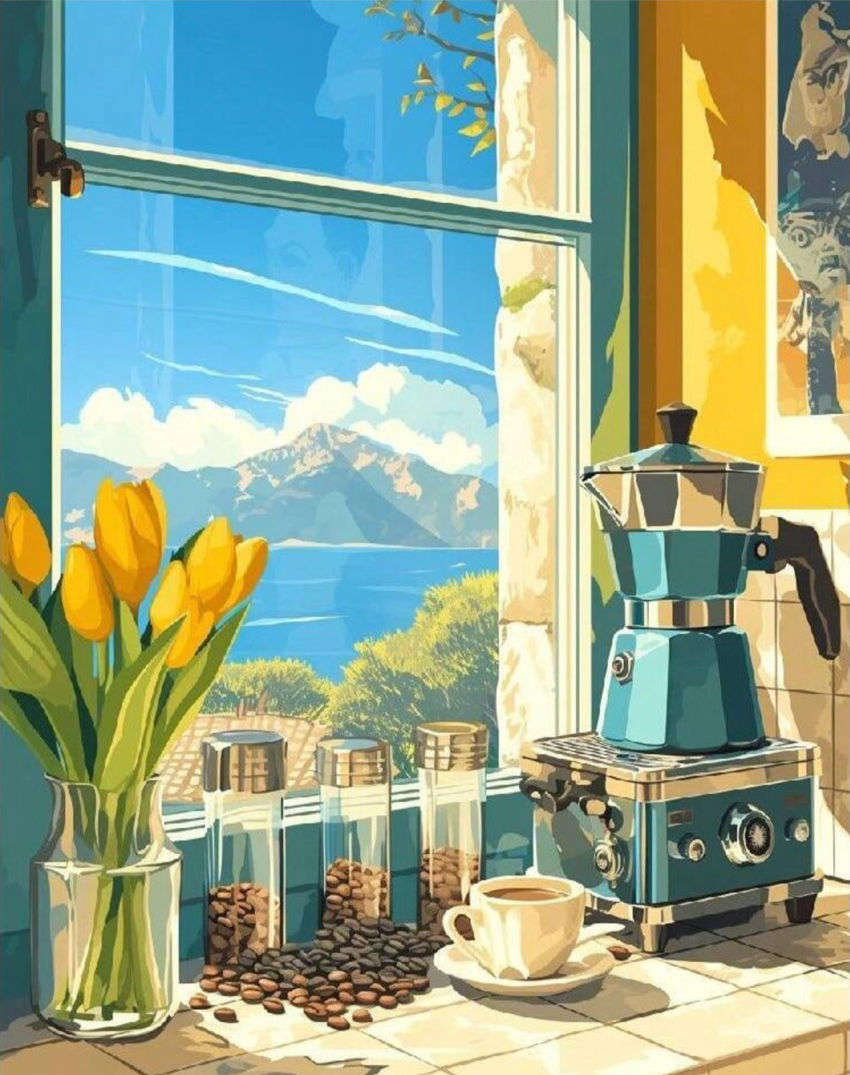 Pintura Mi Cocina Favorita con cocina azul, ventana grande, cafetera y taza de cafŽ