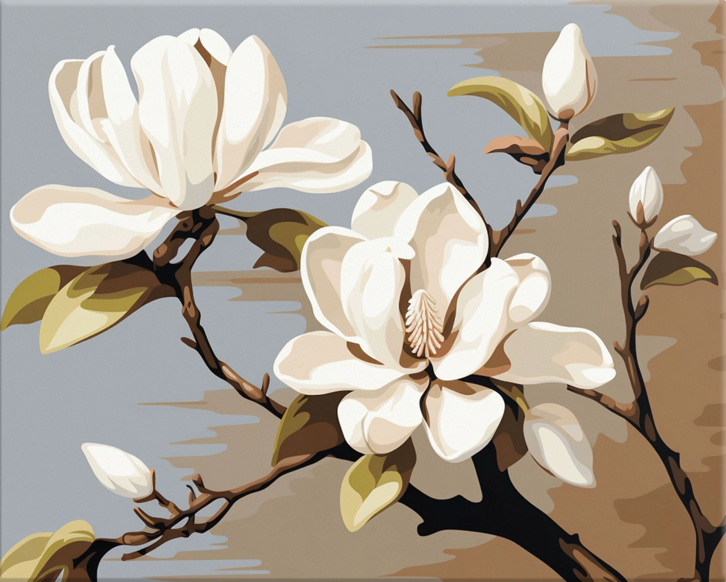 Pintura Flores Blancas Serenidad con flores tipo cerezo colgando de una rama sobre fondo gris