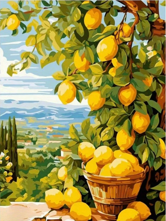 Pintura Cosecha de Lim—n con ‡rbol frutal y canastilla llena de limones
