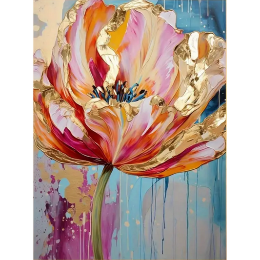 Pintura Flor Colorida con pétalos vibrantes en tonos cálidos y fríos sobre fondo claro