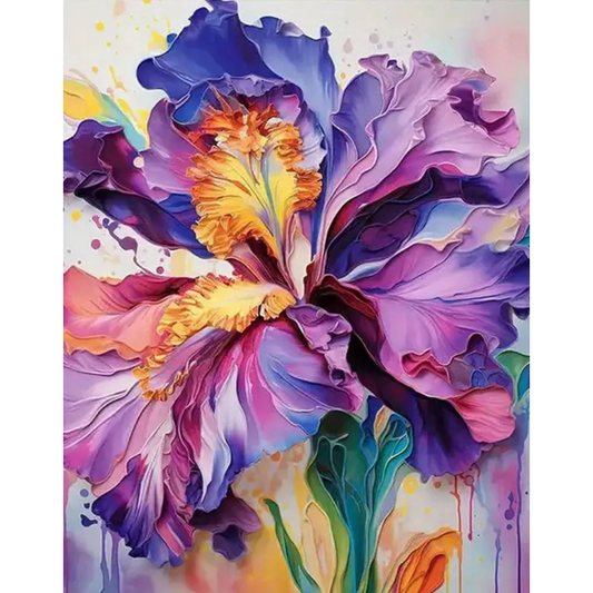 Pintura Flor Morada con pétalos grandes y coloridos sobre fondo artístico