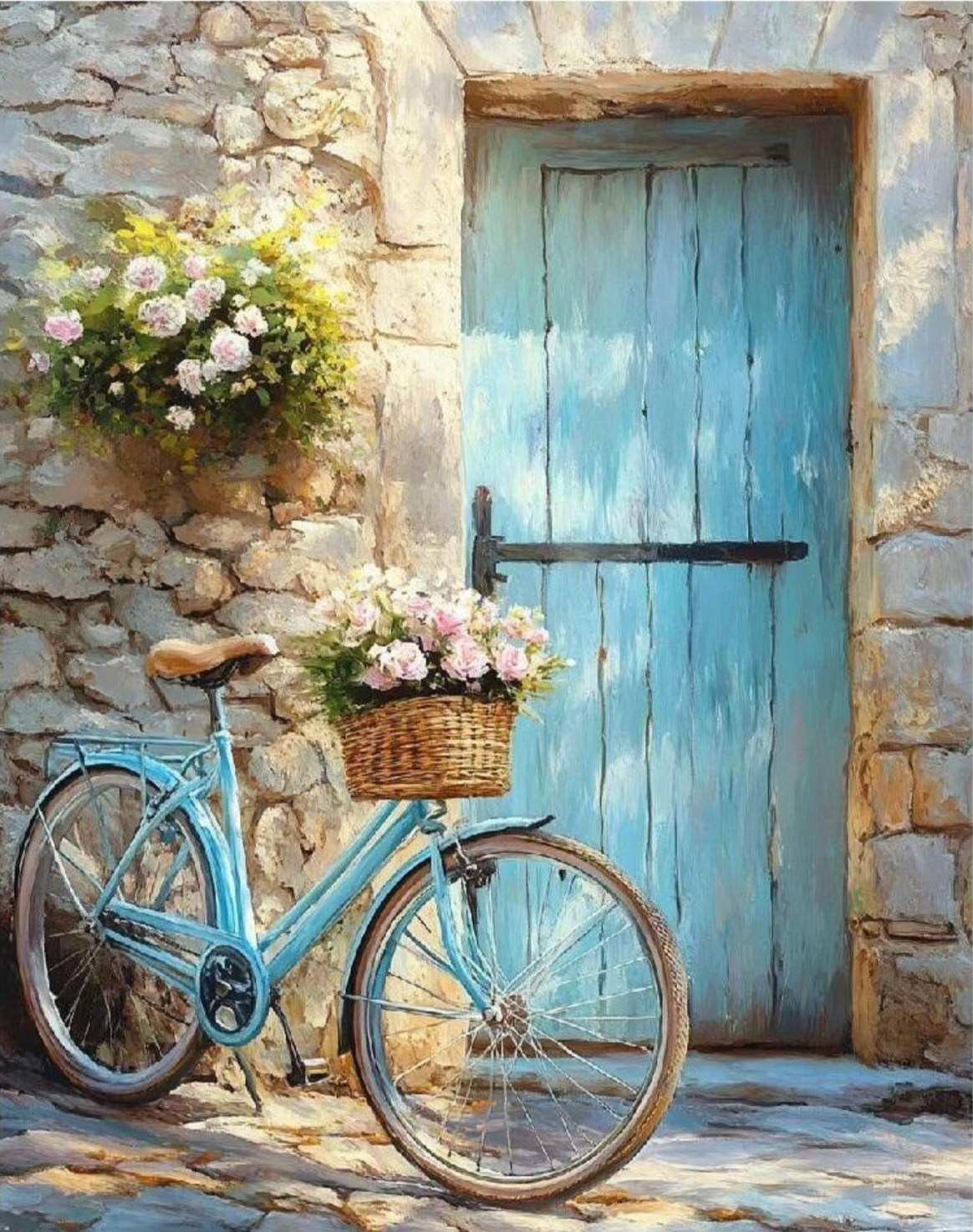 Pintura A Dos Ruedas con una puerta azul y verde menta y una bicicleta del mismo color afuera