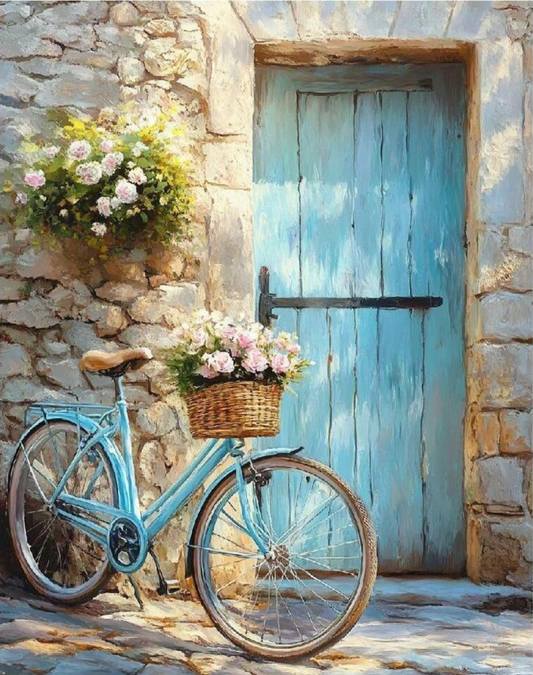 Pintura A Dos Ruedas con una puerta azul y verde menta y una bicicleta del mismo color afuera