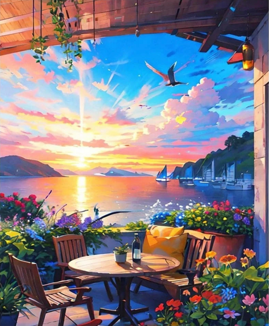 Pintura Atardecer en Valle de Bravo con un paisaje de montaña y un cielo colorido
