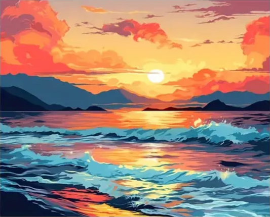 Pintura Atardecer Salado visto desde la costa con un cielo colorido y el mar