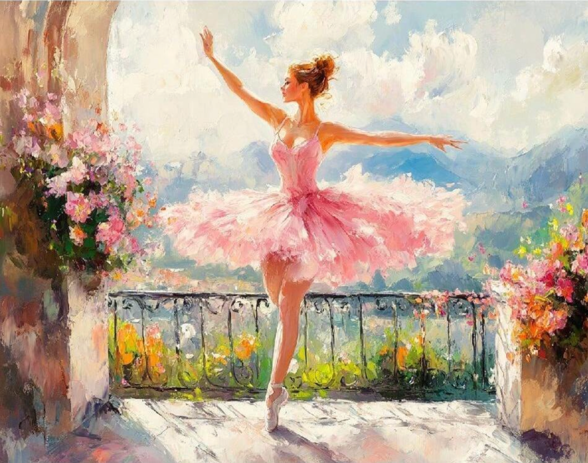 Pintura Bailando en el Balcón con una bailarina danzando en un balcón
