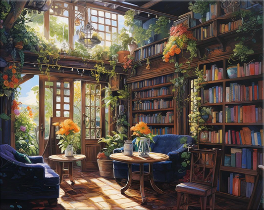 Pintura Bookstore Inside con una gran variedad de libros en estantes