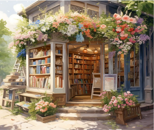 Pintura Bookstore Outside con una librería exterior rodeada de flores