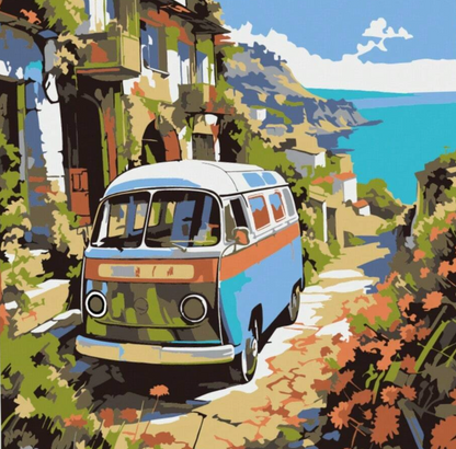 Pintura Combie en el Camino con una furgoneta colorida rodeada de naturaleza