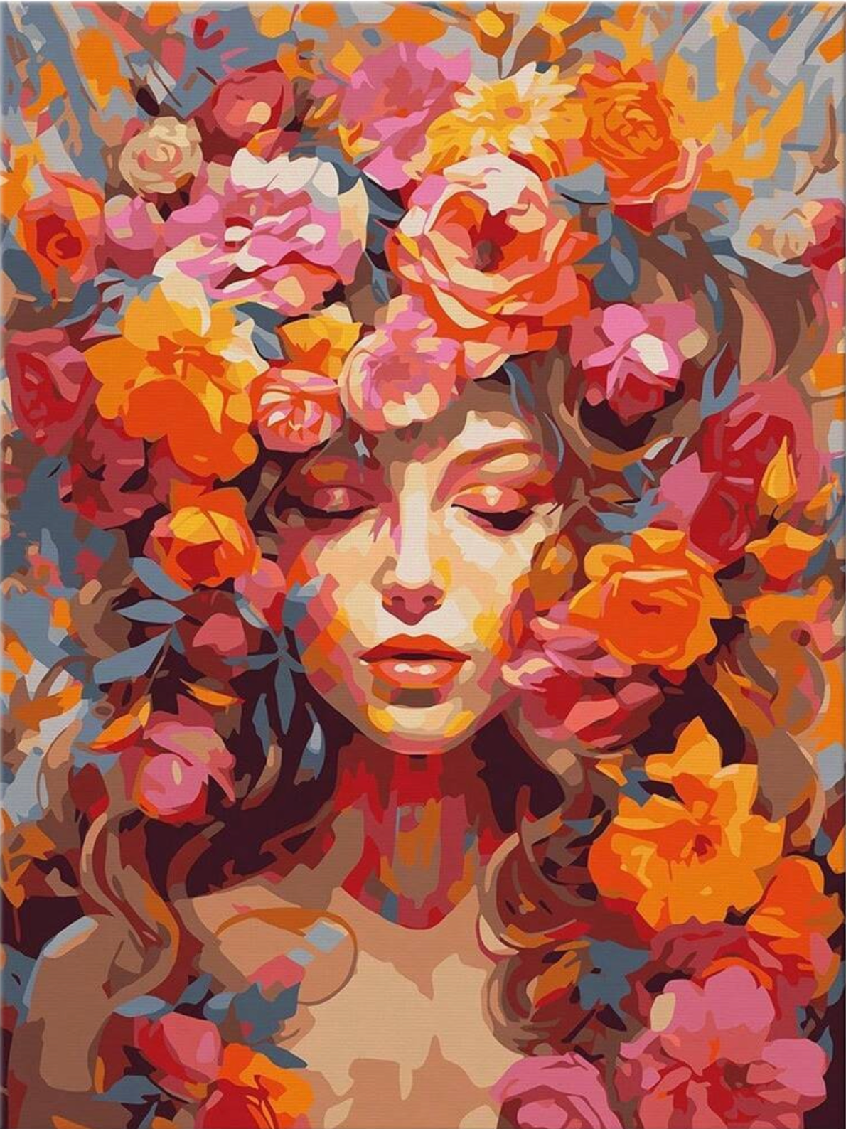 Pintura De la Mora con el rostro de una chica rodeado de flores en tonos amarillos y naranjas