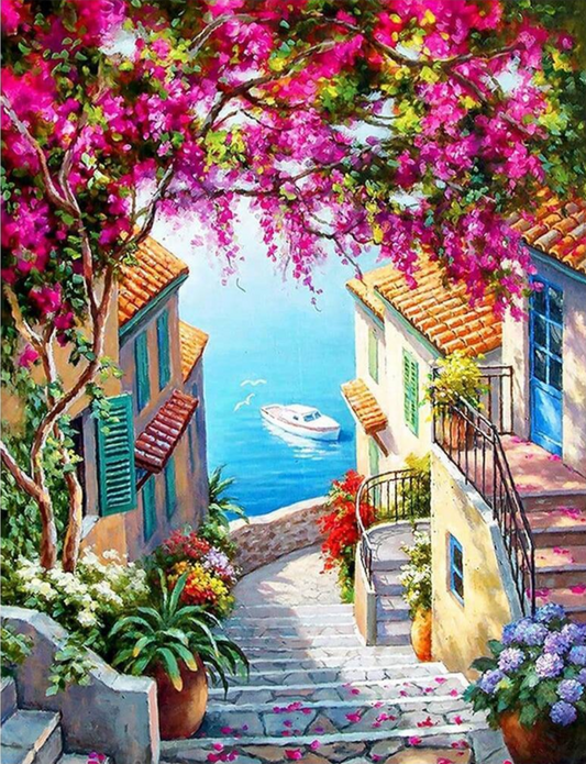 Pintura Escaleras al Mar con Flores, mostrando un camino adornado con flores hacia el mar