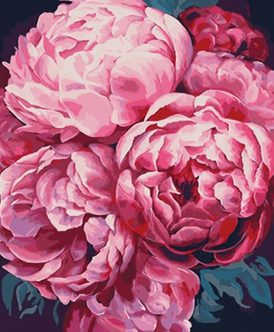 Pintura Flor Rosa x4 con cuatro flores rosas sobre un fondo negro elegante