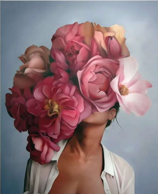 Pintura Incógnita de una mujer con el rostro cubierto de flores rosas