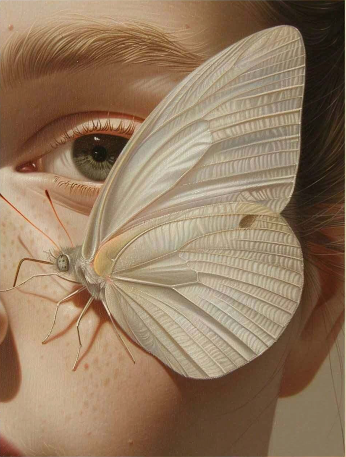 Pintura La Conquista con una mujer de época y una mariposa crema cubriendo parte de su rostro