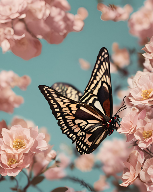 Pintura Mariposa en Libertad con mariposa rosa posada sobre una rama