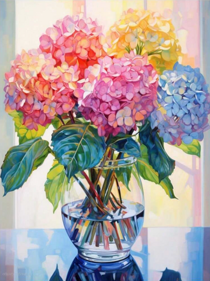 Pintura Mi Jarrón Favorito con hortensias de colores en un jarrón sobre una mesa