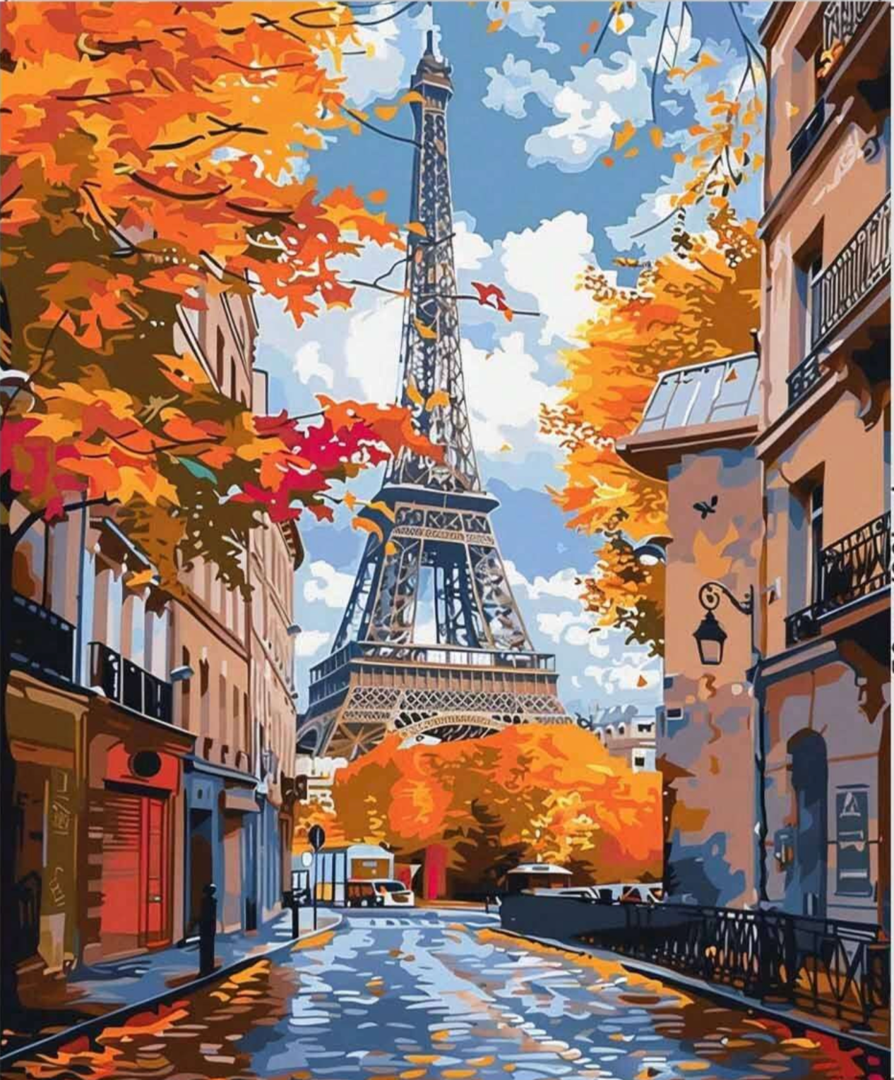 Pintura Otoño en París con un paisaje urbano lleno de hojas caídas y árboles dorados