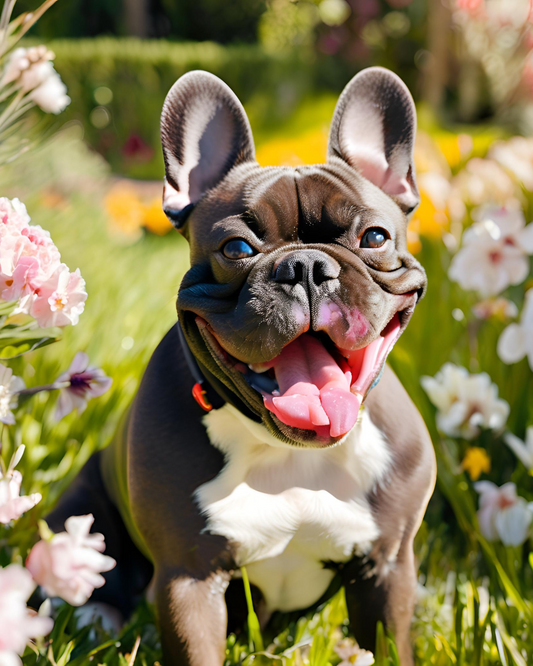 Pintura Perro Bulldog FrancŽs Gris corriendo en un jard’n rodeado de flores y pasto verde