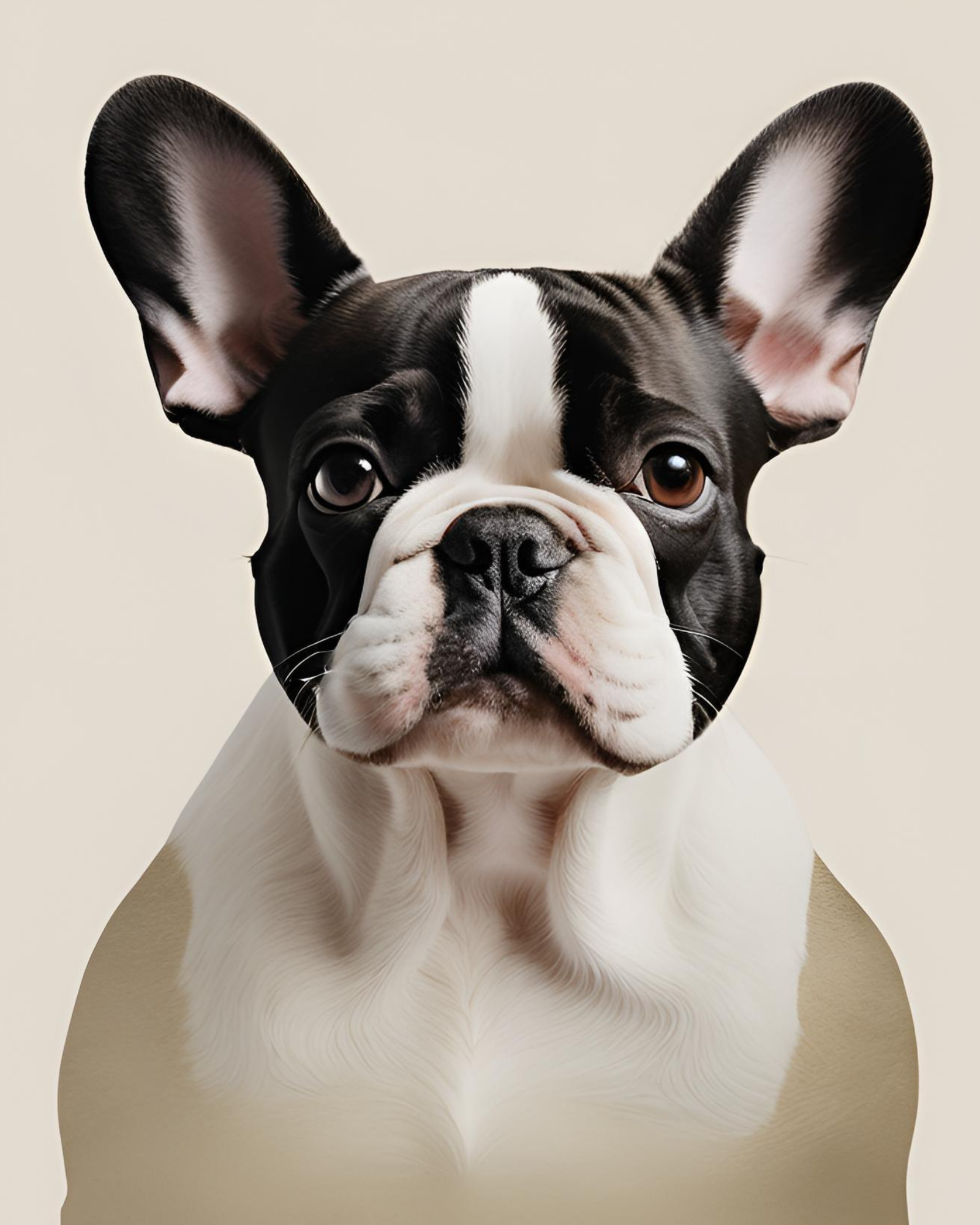 Pintura Perro Bulldog FrancŽs Blanco con fondo blanco y perro sentado