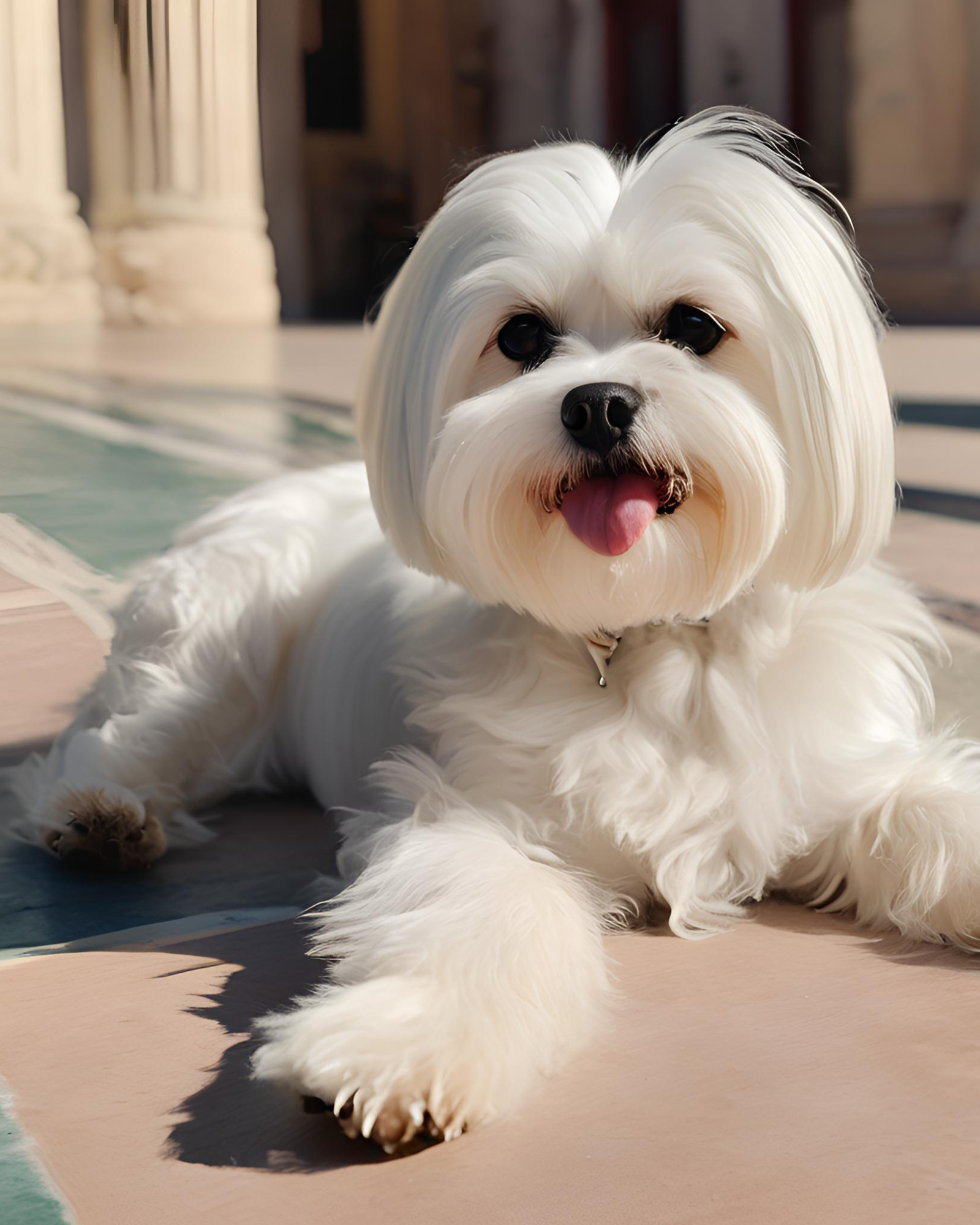 Pintura Maltes Blanco Peinadito con perrito de pelo suave acostado sobre el piso en exterior