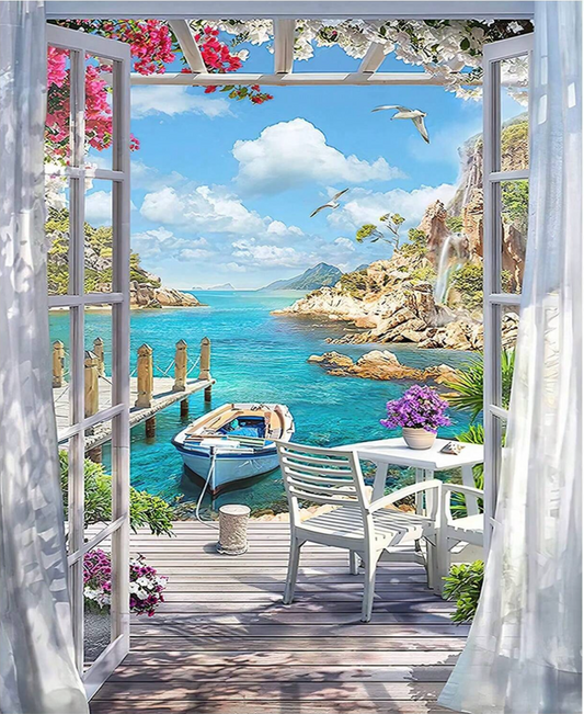 Pintura Playa desde mi Balcón con vista al mar y un bote en el horizonte