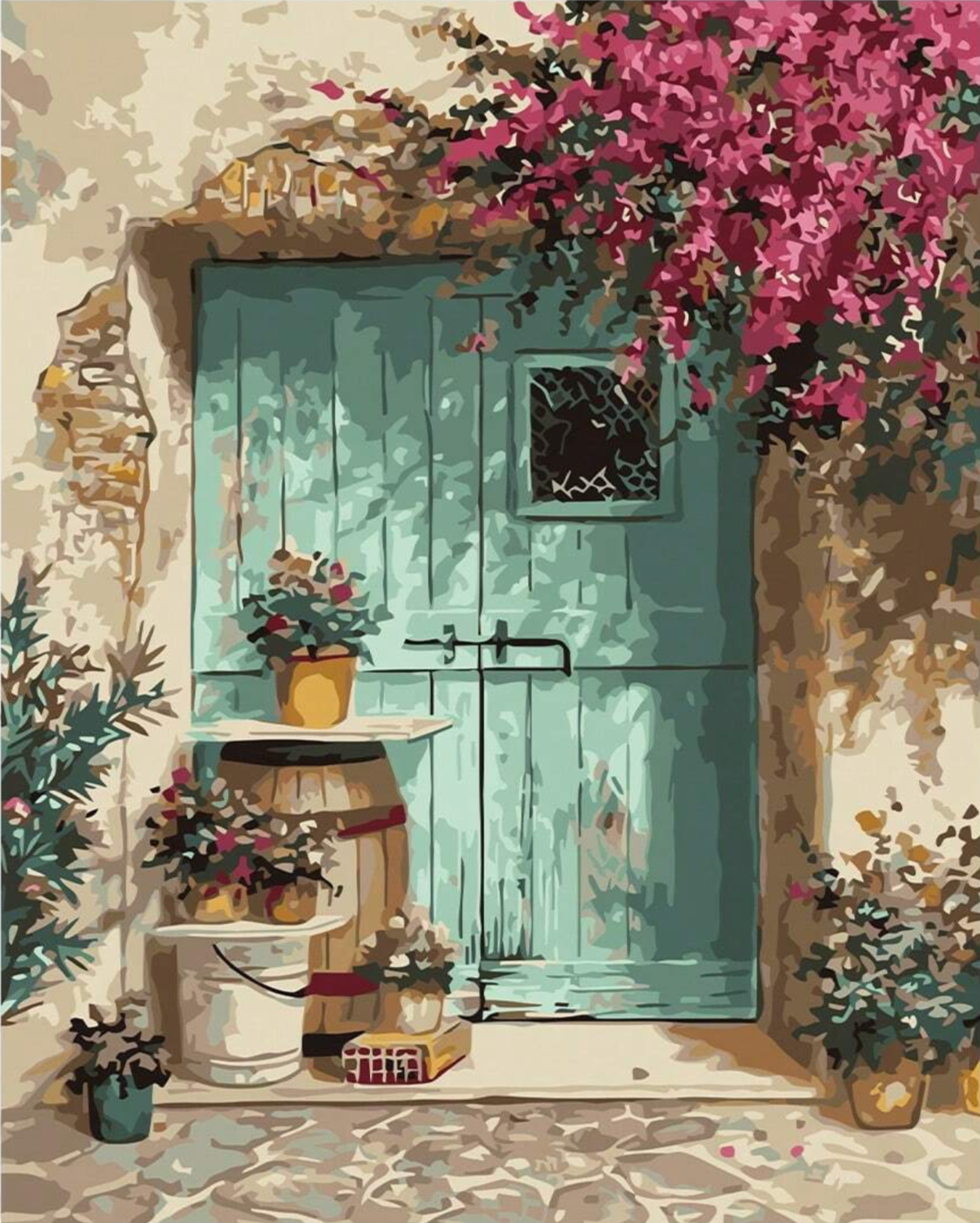 Pintura Portón Floral con un hermoso portón rodeado de flores coloridas