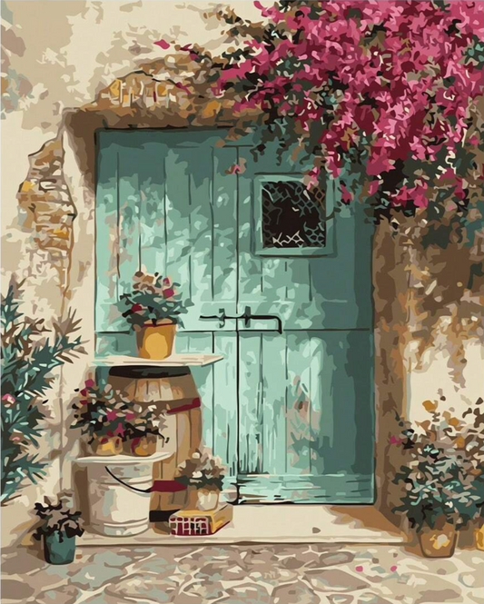 Pintura Portón Floral con un hermoso portón rodeado de flores coloridas
