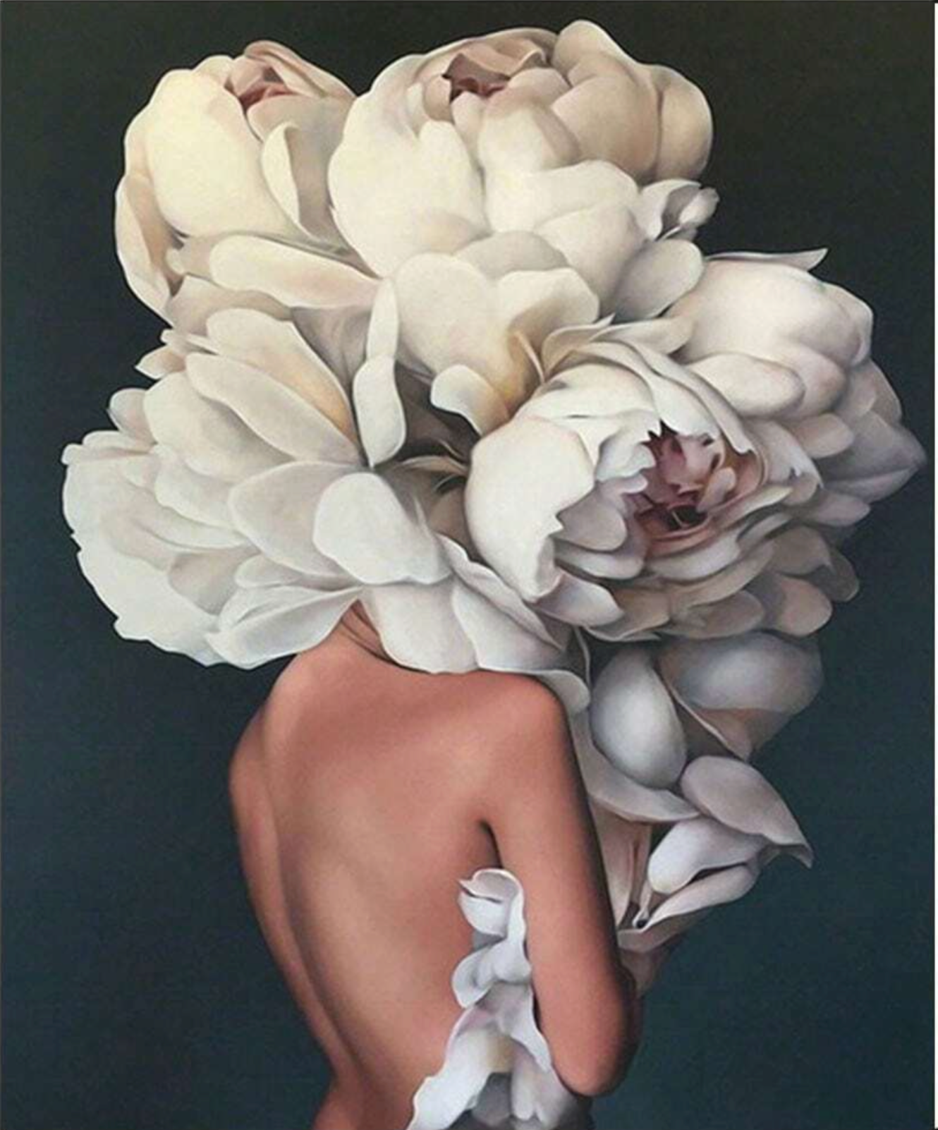 Pintura Rizos Florales con una chica de espaldas, su rostro y cabeza cubiertos por flores blanca