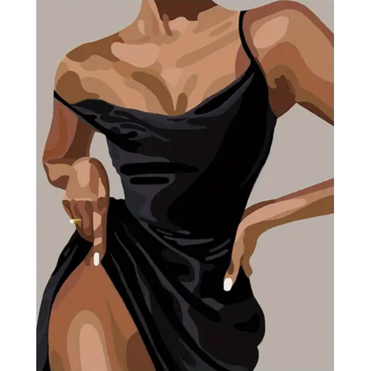Pintura Mujer Silueta Aesthetic con vestido negro satinado y fondo minimalista