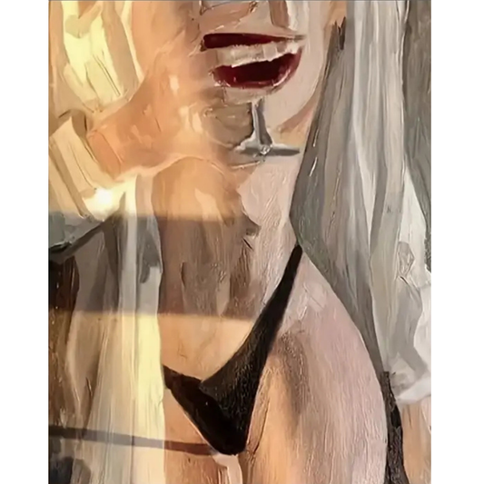 Pintura de silueta femenina con camisa abierta y copa de vino tinto en mano, estilo aesthetic
