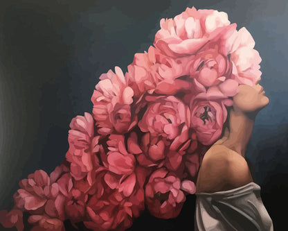 "Pintura Velo de Flores con una chica sin rostro rodeada de flores coloridas"