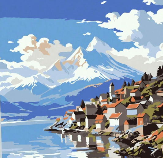 Pintura La Villa, el Lago y el Volcán con Marco, mostrando un paisaje sereno con montaña