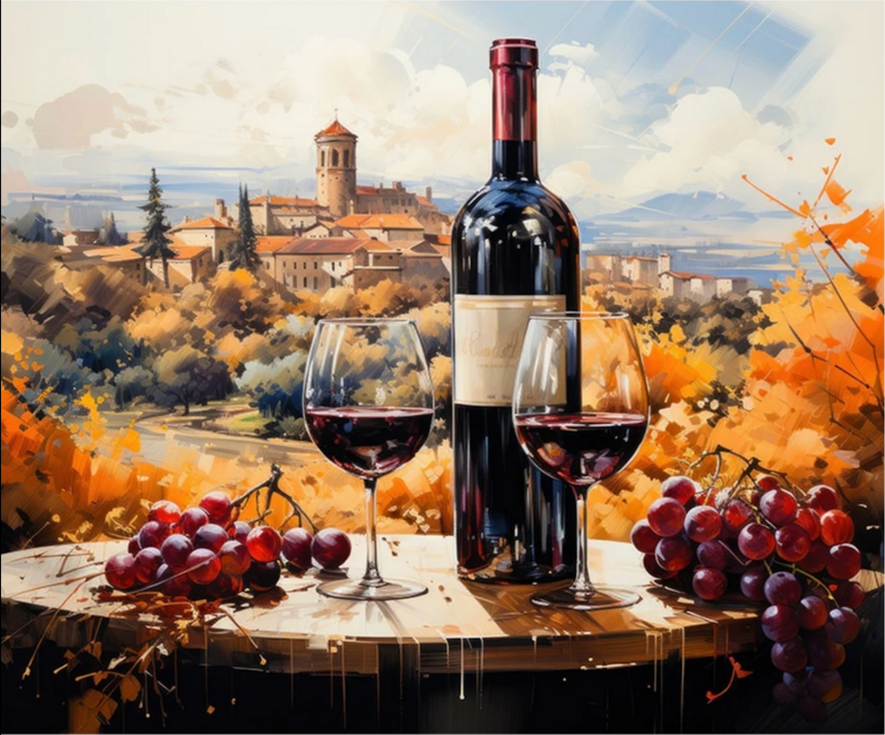 Pintura Vino En La Toscana con una botella de vino sobre la mesa y un paisaje espectacular
