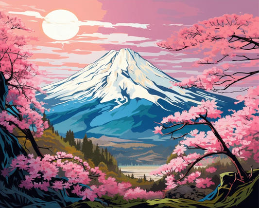 Pintura Volcán entre Cerezos con un volcán nevado rodeado de cerezos en flor
